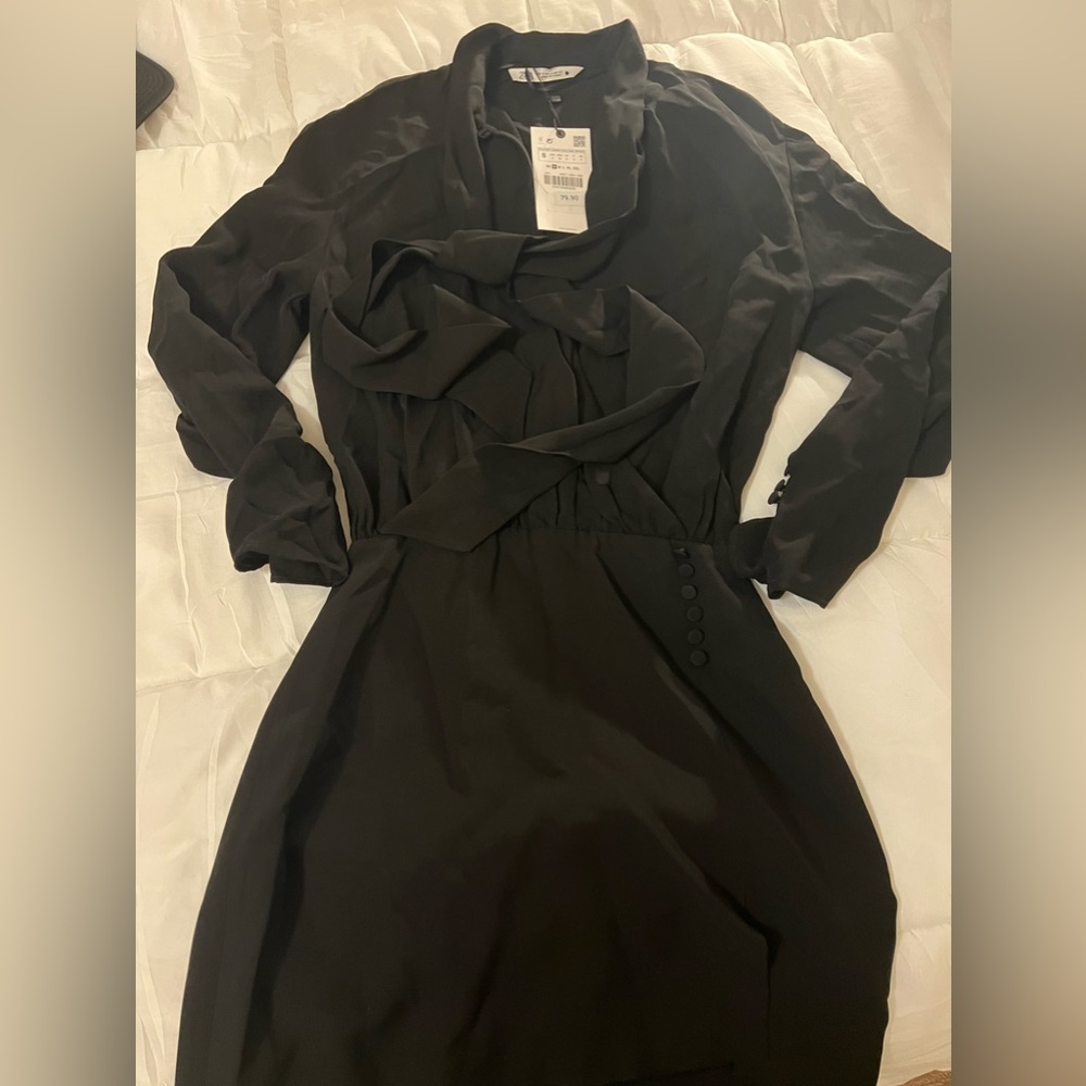 Zara Black Mini Dress NWT Long Sleeve Button Detail
